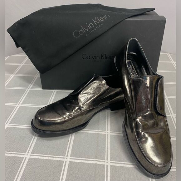 Calvin Klein Collection J4020 Metallic Anthracite Loafer Shoes Italy Size 37.5 - Picture 1 of 14
